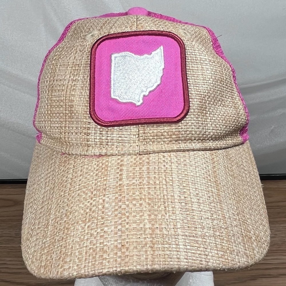 Home Free‎ Women Trucker Hat Straw Mesh Ohio Patch Pink OS Boho Western